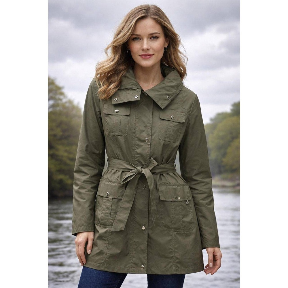 Ellen Tracy Water Resistant Trench Coat M Olive Green Belted Utility Jacket NWOT
